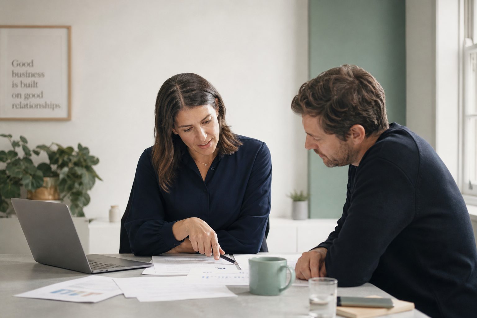 Two people working through financial paperwork together at a table